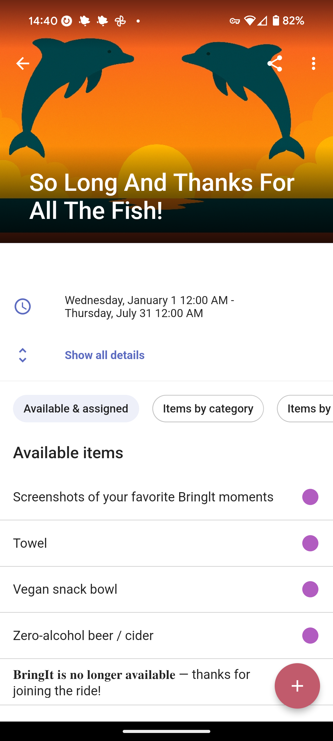 Farewell poster with dolphins and the text So Long And Thanks For All The Fish. Click to read the BringIt shutdown FAQ.